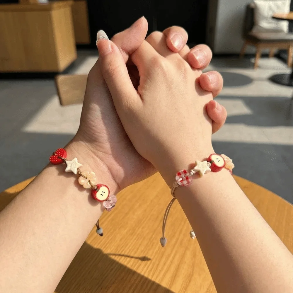 Fun Sweet Resin Star Bracelet Vintage Flower Adjustable Woven Bangle Lovely Button Cartoon Beads Hand Chain Women
