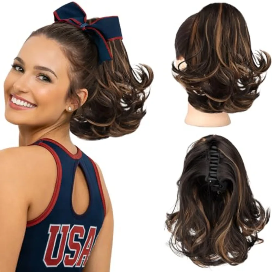 

Ponytail Extension, 10" Short Claw Clip in Pony Tails Hair Extensions Curly Wavy Synthetic Drawstring Hairpieces for Women Dark