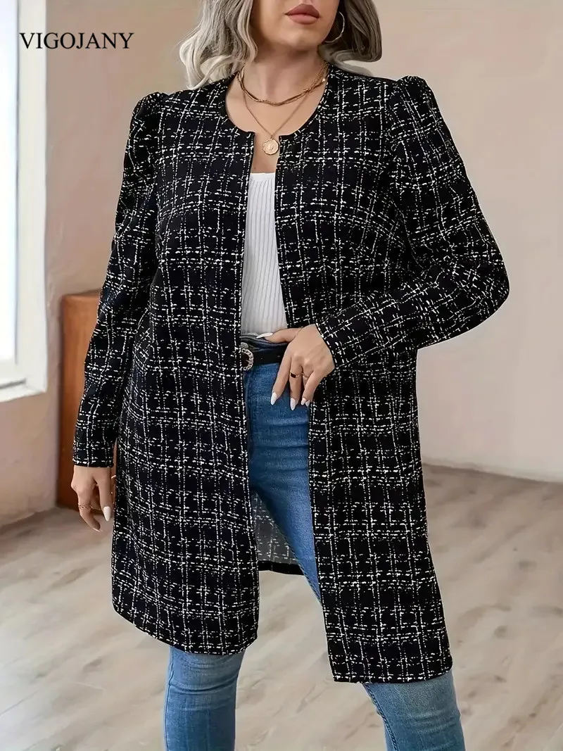 VigoJany 2025 Winter Plaid Plus Size Coat Women Casual O-Neck Large Long Sleeve Outwear Ladies Chubby Open Stitch Curvy Clothes