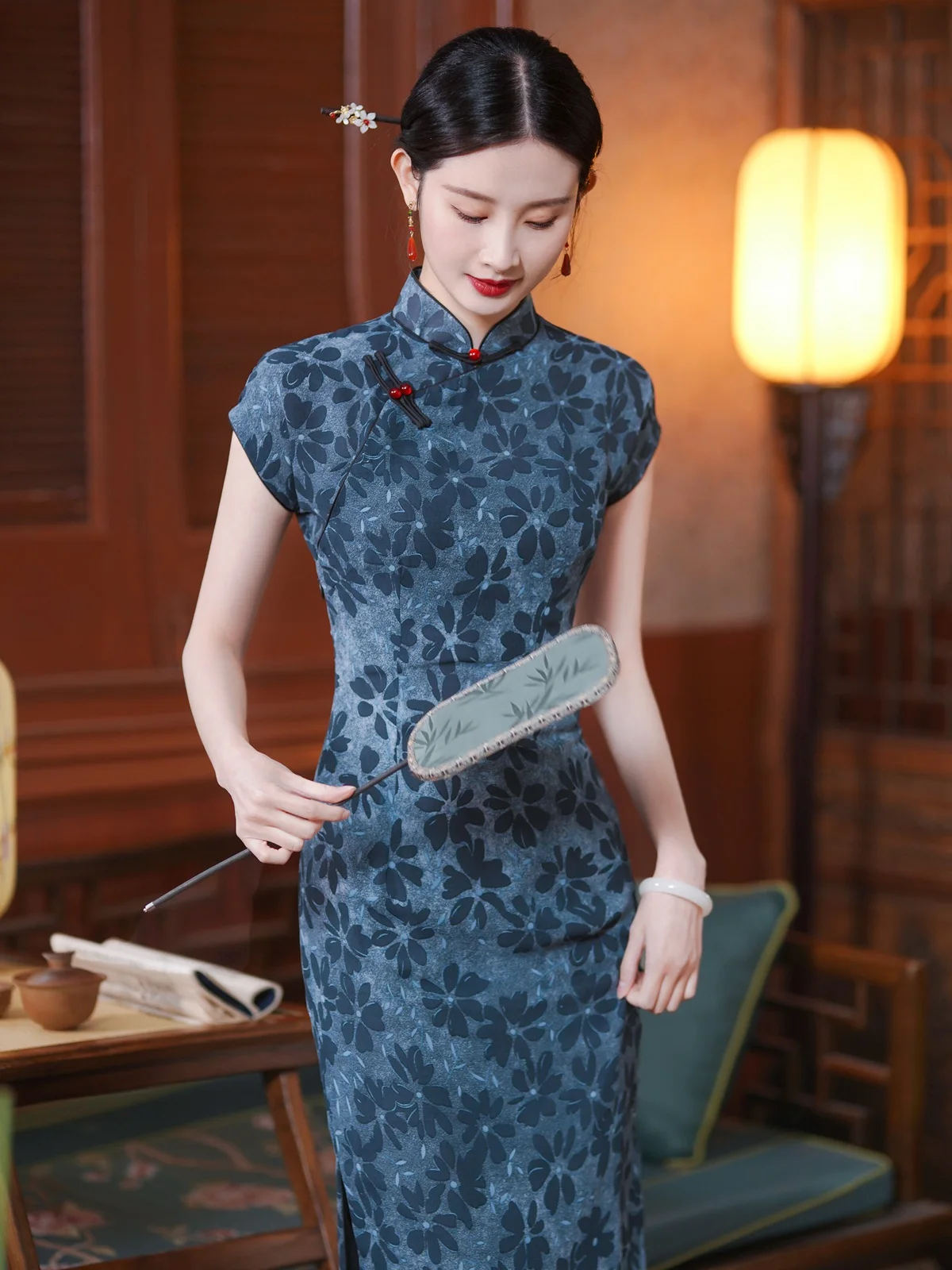 Spring and Summer New Chinese Retro Full Cardigan Short Sleeve Cheongsam Dress