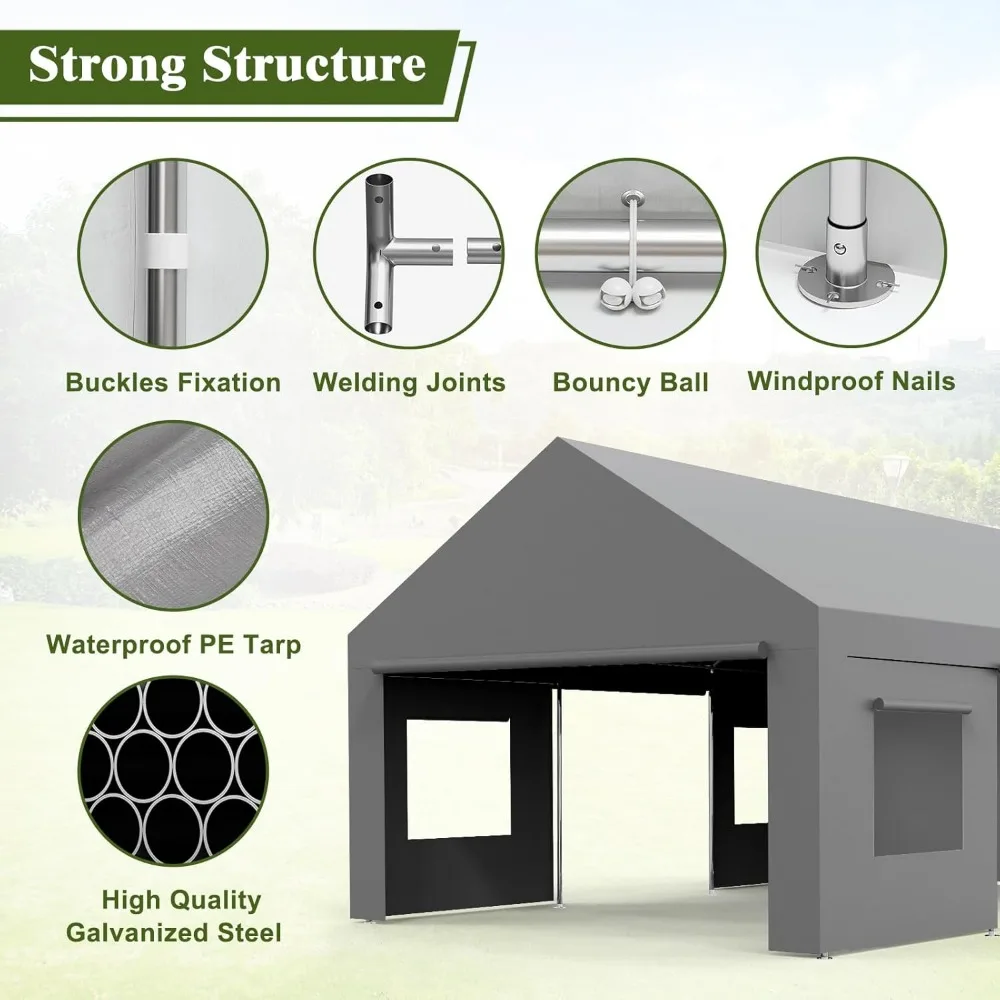 Carport-Garaje portátil de gran tamaño, refugio grande al aire libre, 13 \'x 25\' Dosel resistente y marco reforzado, 4 puertas