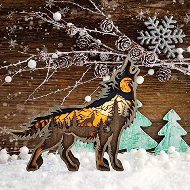 Multi-Layer Wood Carving Forest Animal Wolf Wall Decoration Home Wall Carving Decoration Suitable For Country Decoration