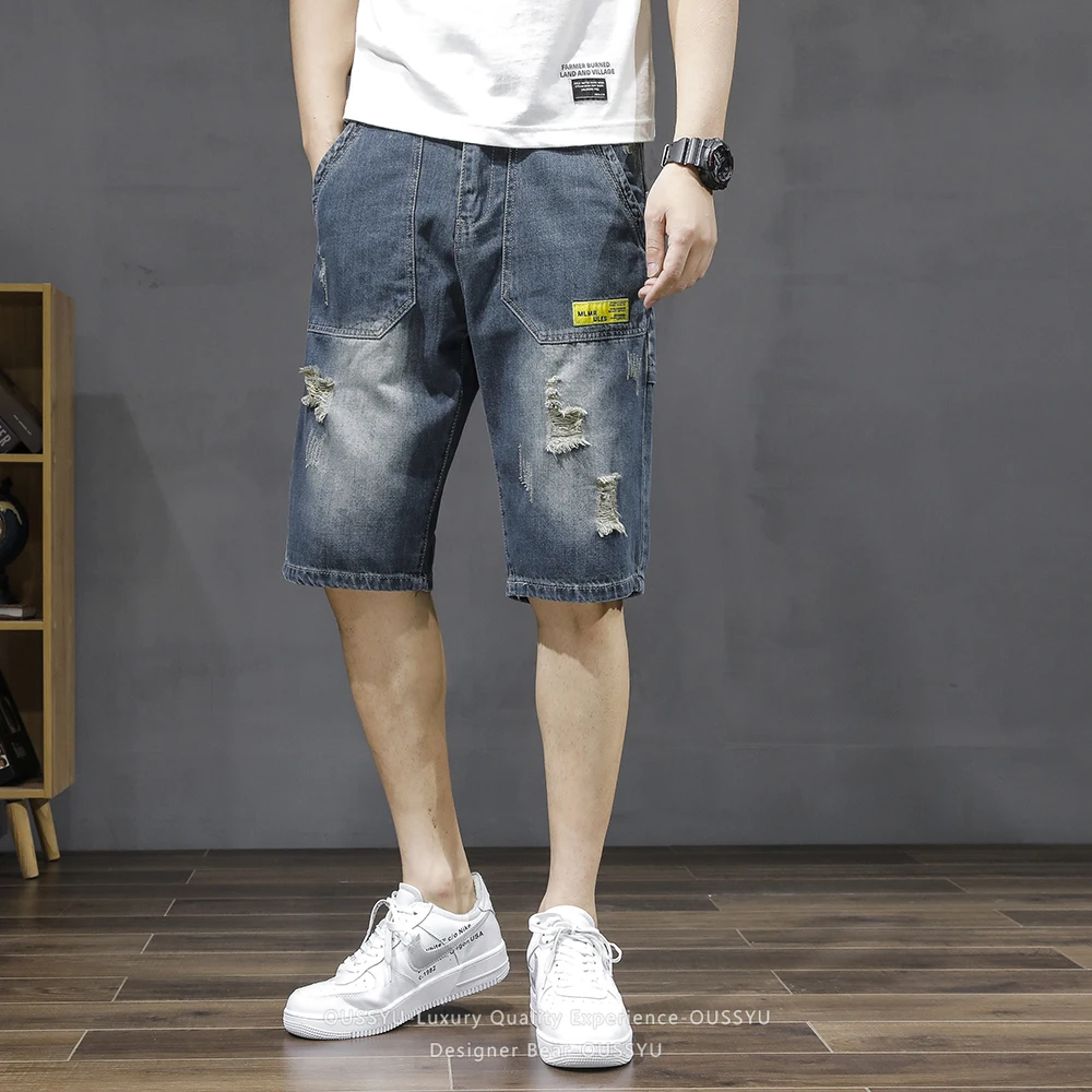 Plus Size 40 42 Men's Summer Denim Shorts New Ripped Denim Shorts Loose Straight Cargo Jeans Short Hole Trendy Casual Jorts