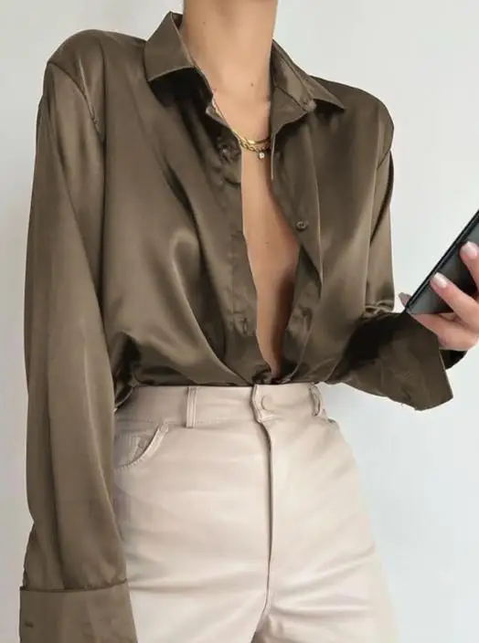 Elegant Satin Long Sleeved Suit Shirt for Women Autumn Winter Fashionable Stylish Women's Shirt