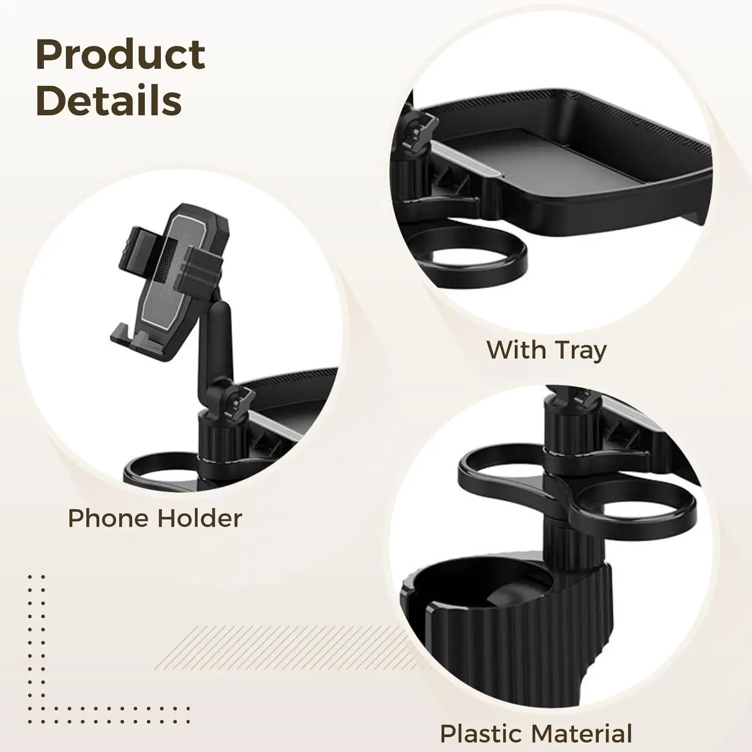 6-in-1 Car Cup Holder Expander with Tray & Phone Mount, Car Food Tray with 360° Rotation Adjustable Base, Car Cup Holder