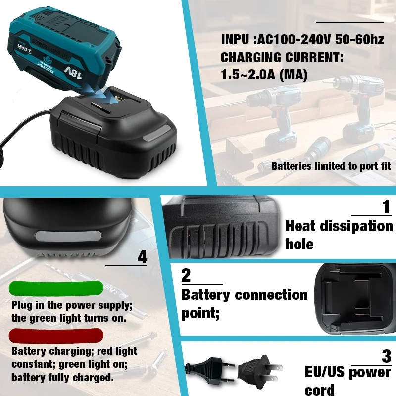 電動工具バッテリー充電器 100-240V 50-60Hz マキタ18Vリチウムイオンバッテリー交換用 ﻿