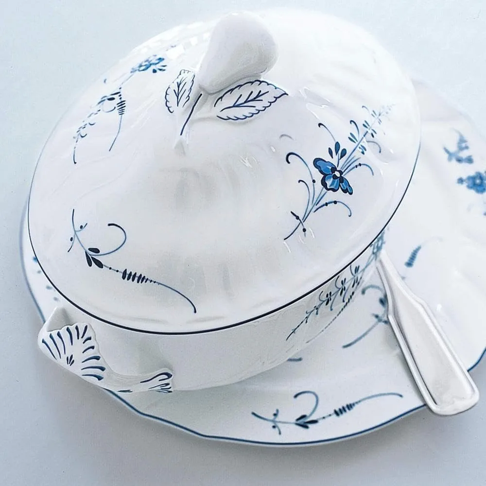 Oval Soup Tureen, 92 oz, White/Blue