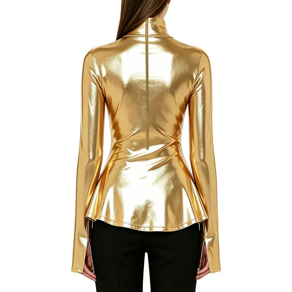 Women Shiny Metallic Turtleneck Tops Long Flared Sleeve Peplum Hem Slim Fit Shirt Club Nightwear Rave Party Stage Street Costume