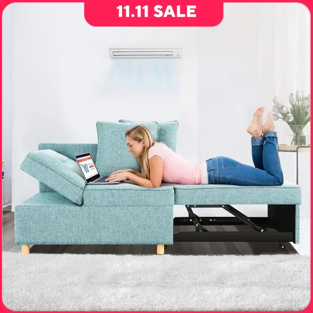 Sleeper Sofa, Modern Blue Line Futon Sofa with 2 Pillows, Adjustable Backrest and Armrests, 4-in-1 Convertible Ottoman Sofa Bed