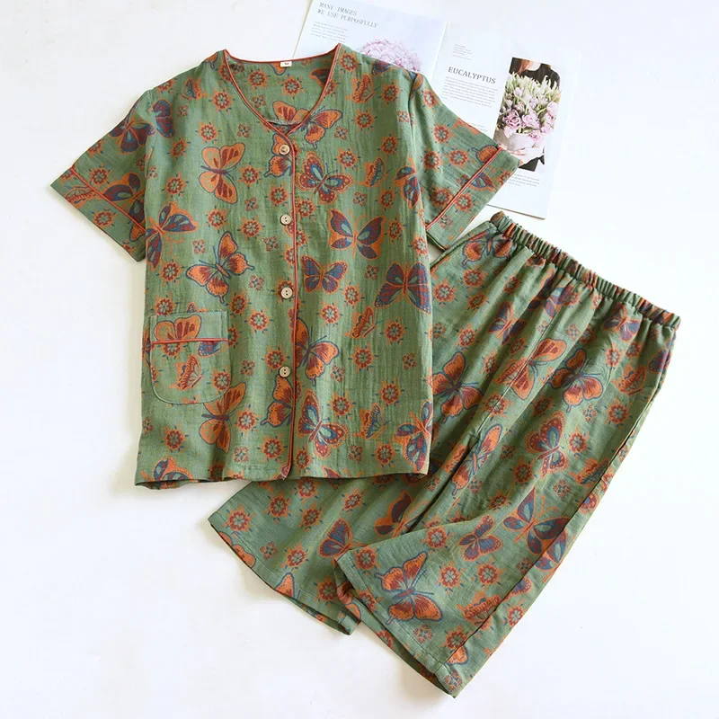 2026 Spring/Summer New Women's Pajama Set 100% Cotton Jacquard Short Sleeves+Capris Two Piece V-Neck Thin Homewear Ladies