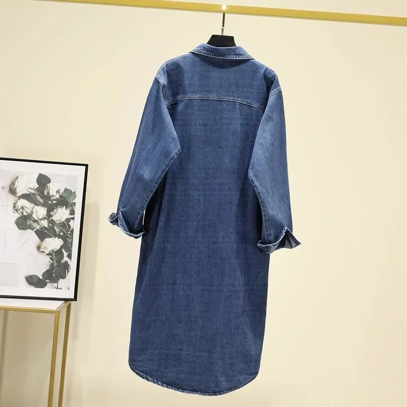 Blue Collar Loose Denim Lining Dress For Women'S Autumn And Winter New Style, Double Pocket Slim Fit Long Shirt Skirt