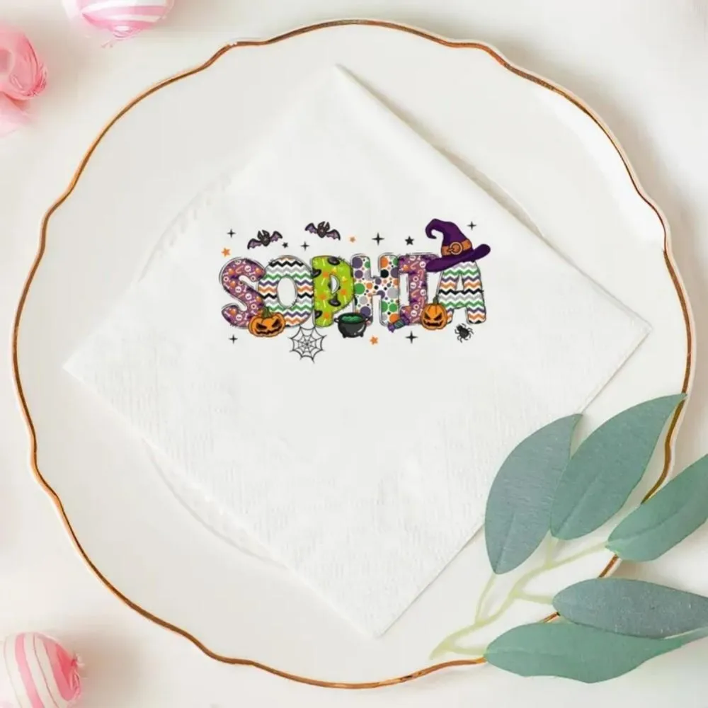 مناديل حفلات الهالوين، منديل اسم مخصص، ديكور الهالوين، احتفال الهالوين، مناديل اليقطين للهالوين، حفلة ساحرة للهالوين