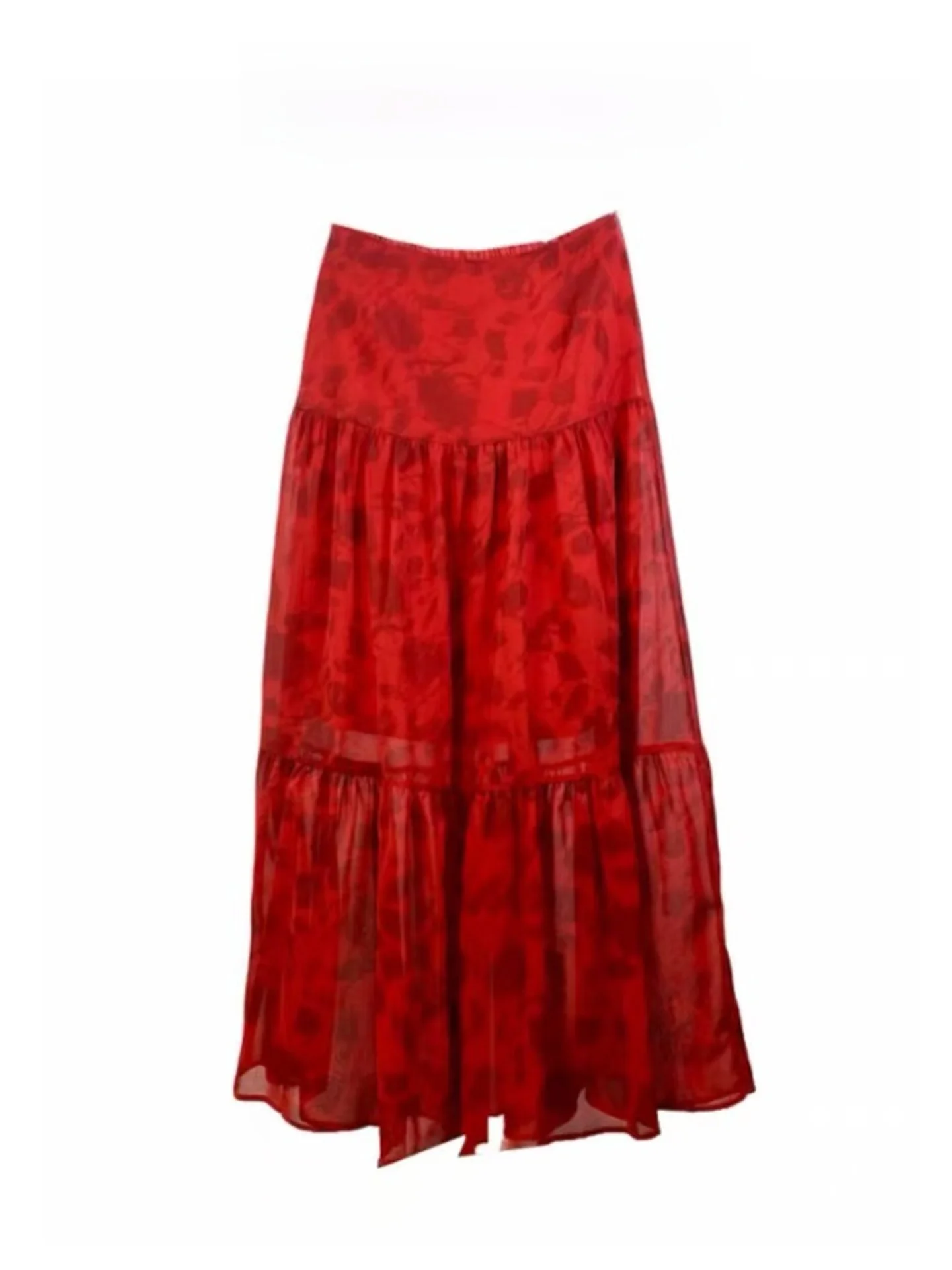 Retro Red Print High Waist Half Skirt Women's Autumn Atmosphere Sensing Micro Transparent Hip Covering A-Line Cake Long Skirt