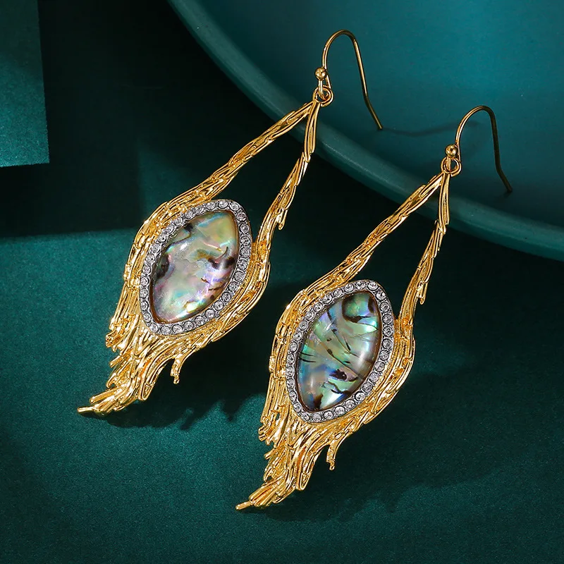 

Trendy Antique Style High-end Fashion Temperament Blue Shell Gem Paved Feather Earrings Fake Phoenix Feather Earrings for Women