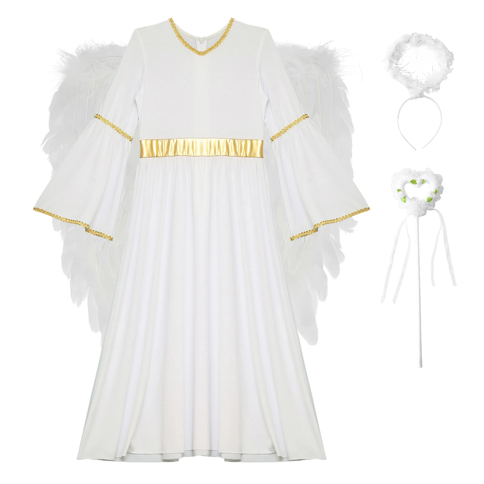 4Pcs Girls Angel Cosplay Costume Greek Princess Dress with Feather Angel Wings Headband Fairy Sticks Set Halloween Carnival Suit