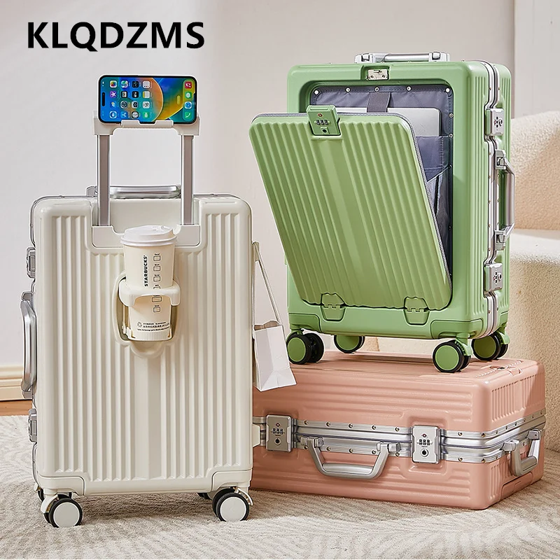 KLQDZMS Aluminum Frame Suitcase Front Opening Boarding Box Zipper Trolley Case Multifunctional 20