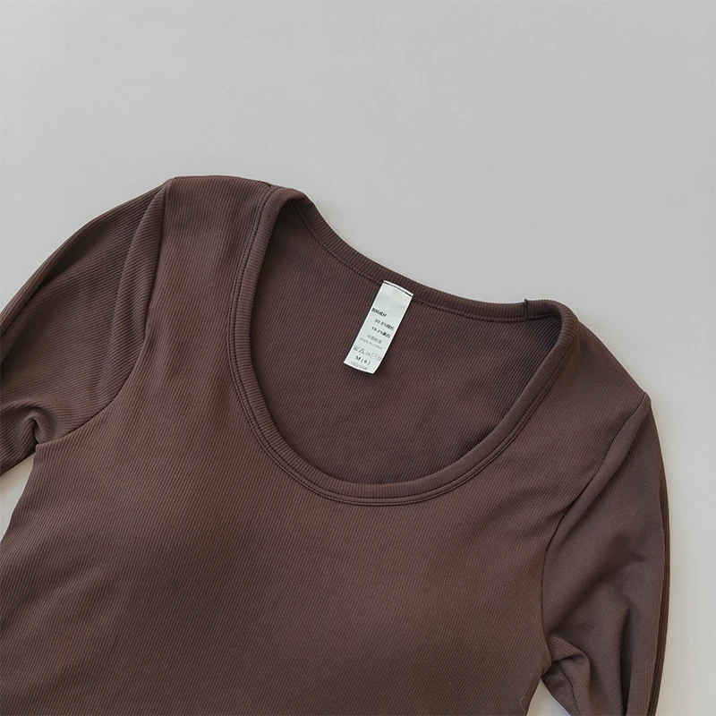 Yoga-Bekleidung T-Shirt Damen U-Ausschnitt Brustpolster Schlankmachendes Sport-Top Langärmeliges Stretch-Oberteil Pilates Fitness-Bekleidung – Detail 11