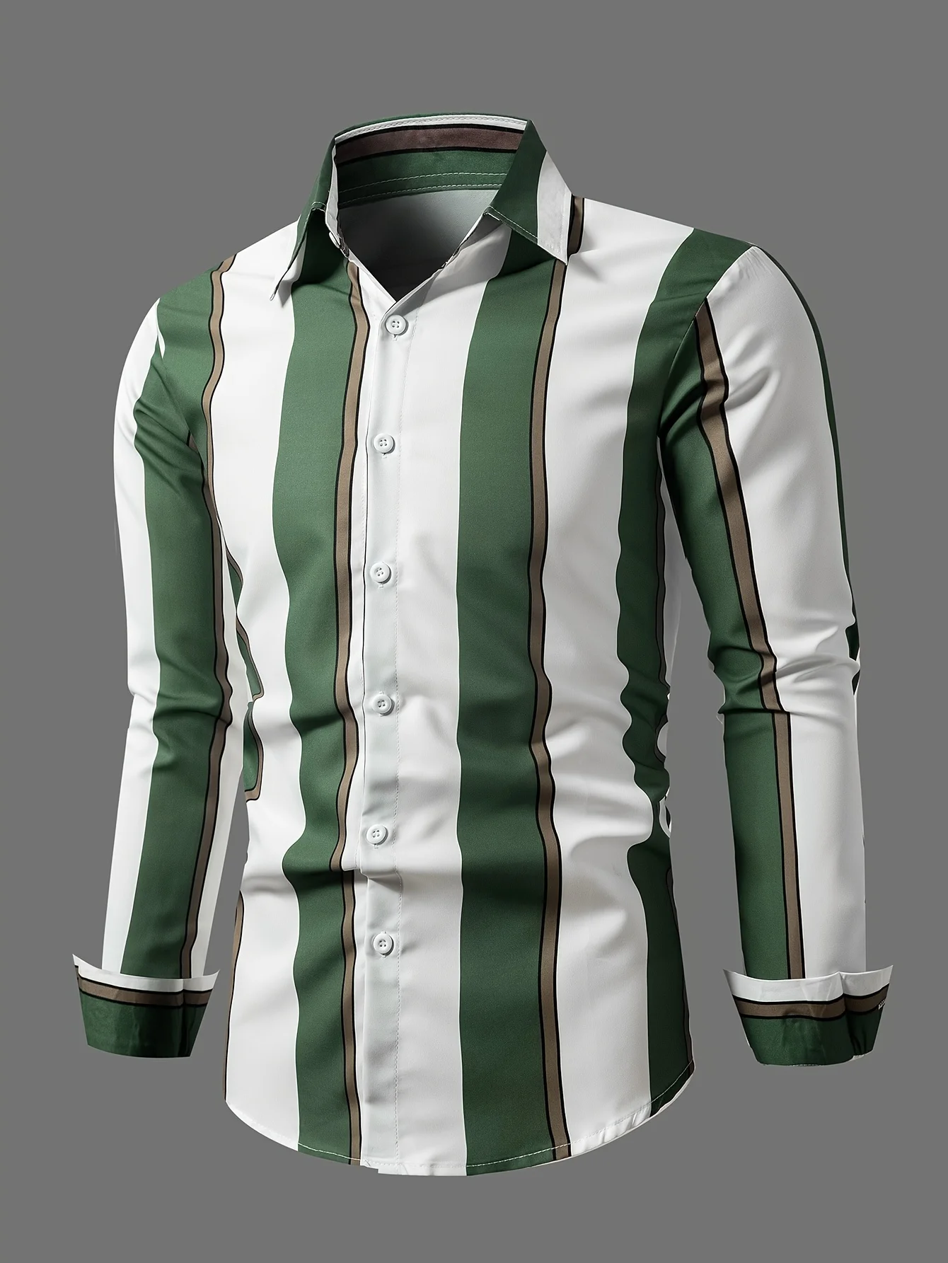 Men'S Casual Regular Fit Striped Long Sleeve Solid Color Polyester Button Lapel Shirt, Woven,Non-Stretch Fabric