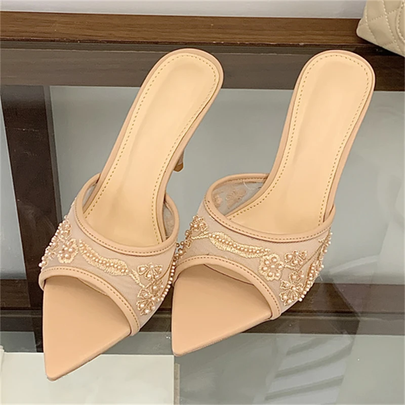 Aneikeh Summer Retro Elegance Embroidered Mesh High Heels Pointed Toe Women Slippers Mules Party Dress Slide Lady Pumps Shoes view 6