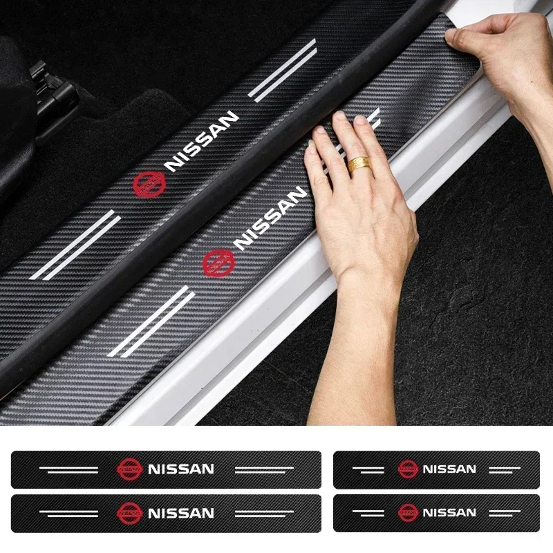 4Pcs/set Carbon Fiber Car Door Sill Threshold Protector Logo Stickers For Nissan X-trail Qashqai Note Juke Sentra Patrol Navara