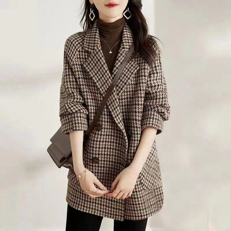 Hot Outerwears Loose Plaid Tweed Coats for Women Winter Wool & Blend Check Jacket Classic Women's Suit Korean Style Outerwears