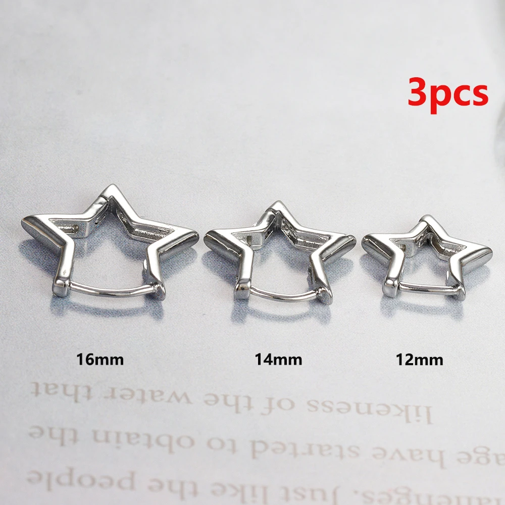 3PCS Stainless Steel Star Hoop Earrings Set for Women 12/14/16mm Simple Hollow Cartilage Piercing Earring Minimalism Jewelry
