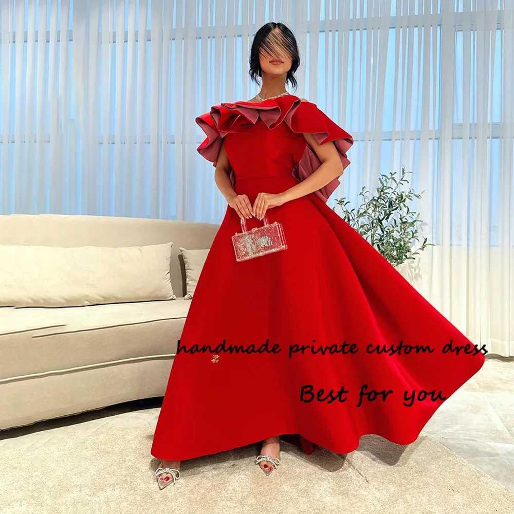 Red Satin A Line Evening Dresses Off Shoulder Backless Arabic Formal Dress Floor Length Elegant Dubai Wedding Party Gowns