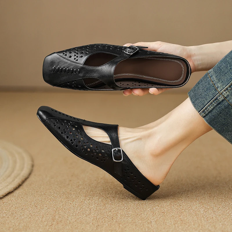 2026 new summer women sandals natural leather plus size 22-25.5cm sheepskin+pigskin square toe mules buckle women slippers