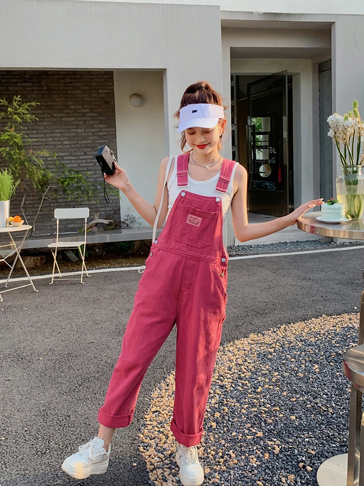 Zoki Korean Pink Sweet Women Denim Jumpsuits Fashion Letter Print Loose Denim Straps Pants Casual Preppy Style High Waist Jeans