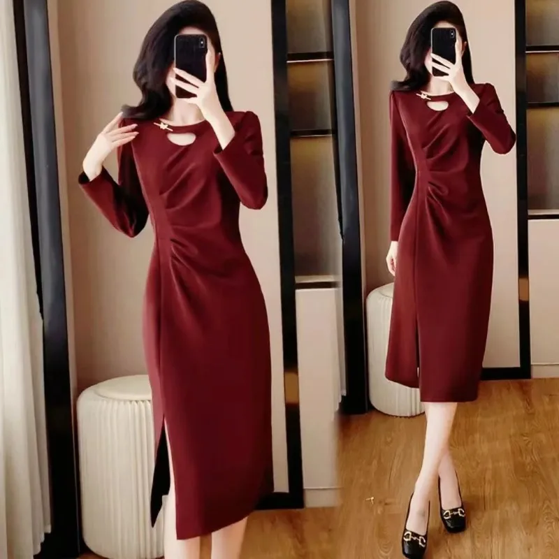 Abito elegante alla moda a maniche lunghe smock da donna con scollo tondo in tinta unita