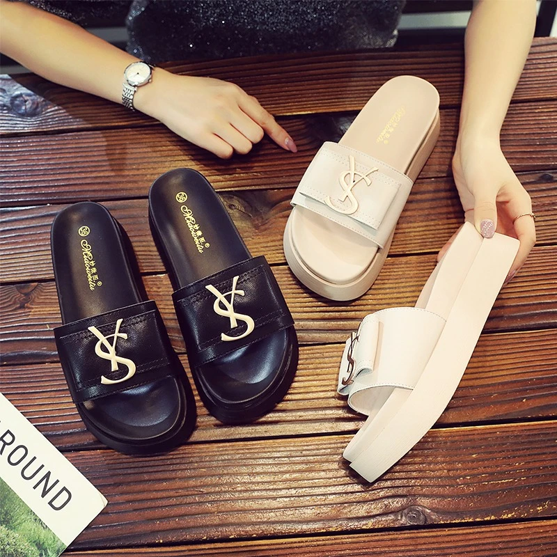 2025 Summer New Women's Fashion Letter Designer Sandals Casual Thick Bottom Round Toe Leather Beach Shoes Женские Сандалии