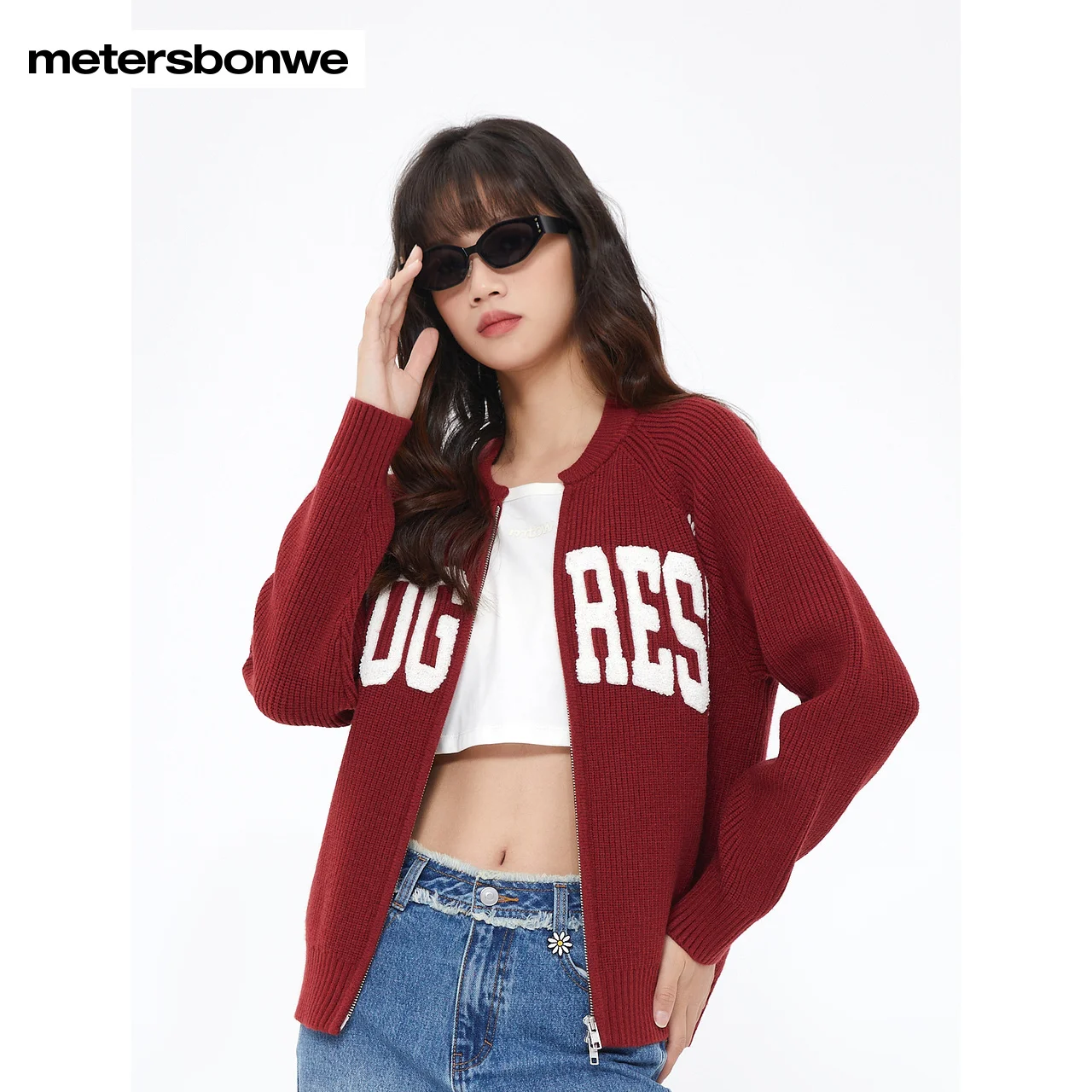 Metersbonwe-Women Knit Cardigan Loose Embroidery Letter Classic Texture Soft Sweater Retro Campus Christmas Spring And Autumn