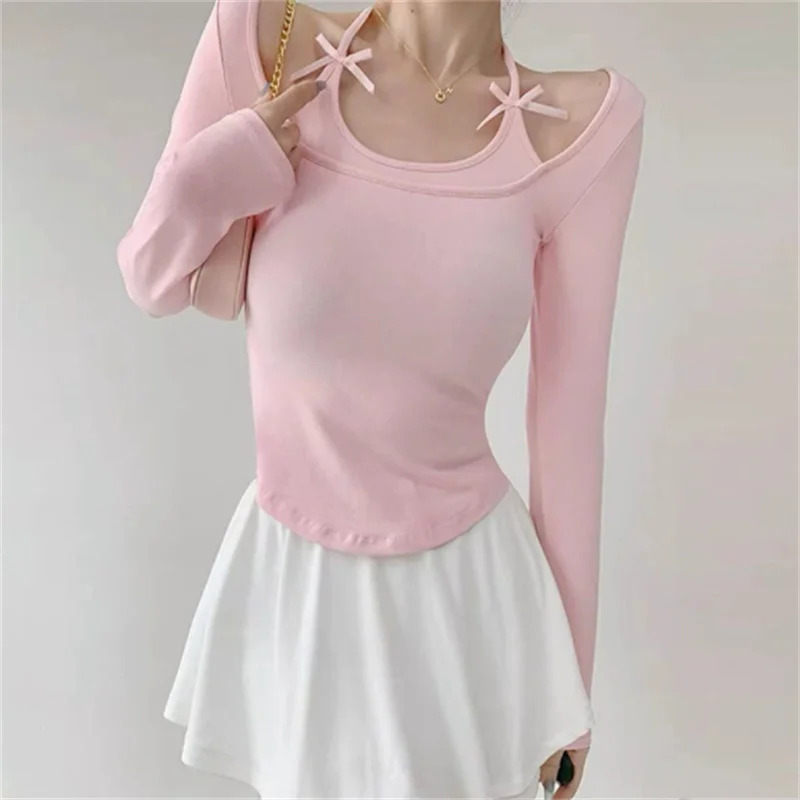 

Long Sleeve Cropped Yoga Top For Women Cropped Halter Fake 2 Pieces Fall Outfits Crop Top Pink Bow Tie Decor Pilates Tees