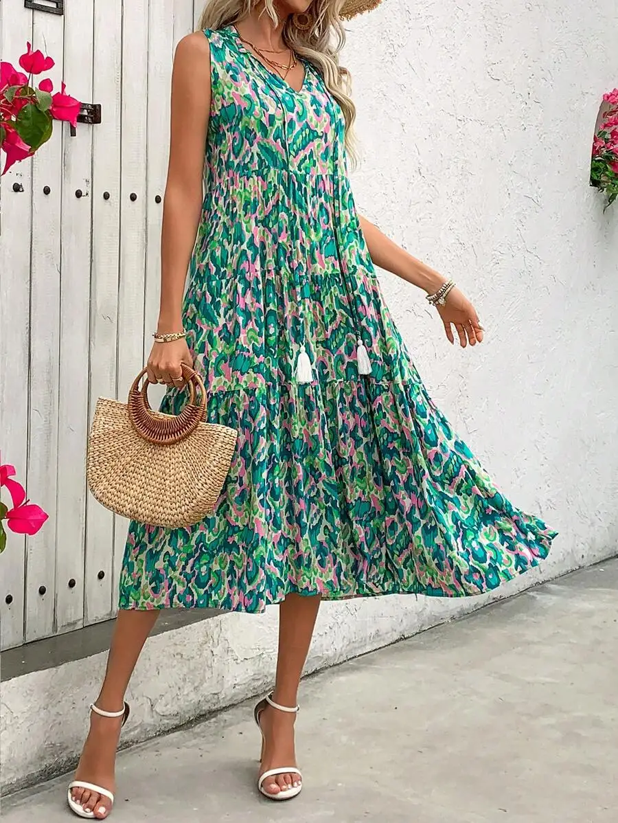 

Женское многоярусное платье макси без рукавов с абстрактным принтом, в пляжном стиле