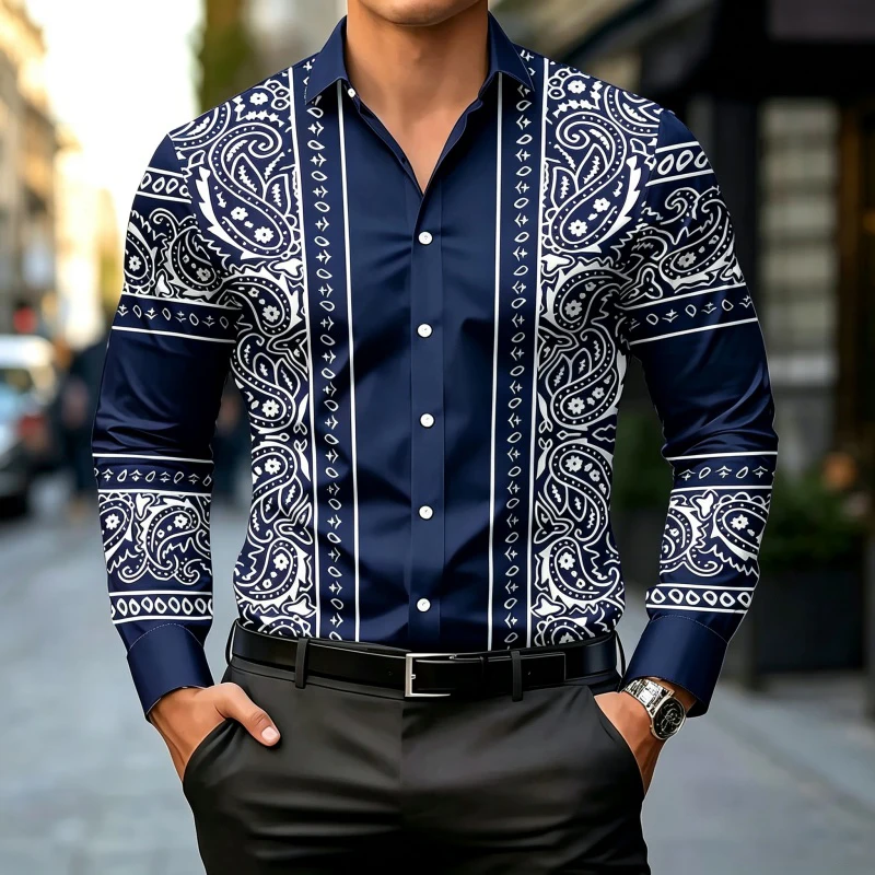 2026 New Men's Long Sleeve Shirt Vintage Paisley Bandana Stripe Splicing Print Business Shirts Casual Fashion Top Mens Clothing
