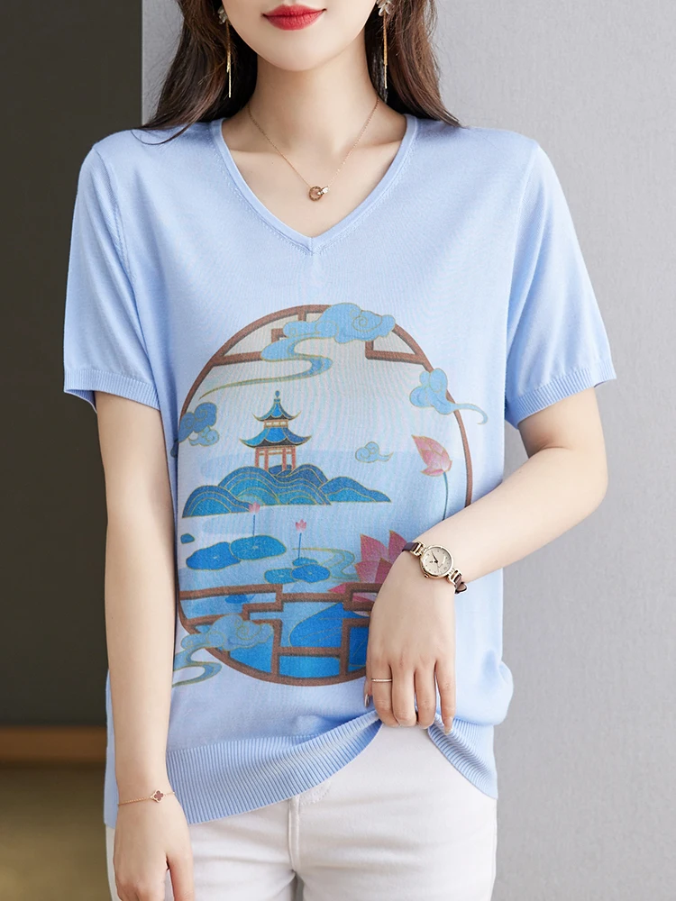 

Print Summer Knitted T Shirt Women Pullovers Clothes High Quality Tees Top Short Sleeve Casual Women's T-shirt