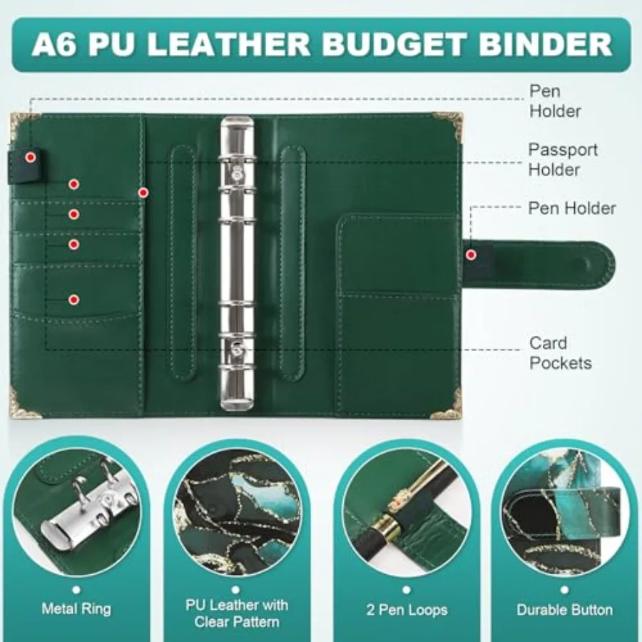 A6 Refillable Notebook Binder PU Leather 6 Ring Budget Binder Organizer for A6 Filler Paper, Loose Leaf Personal Planner Binder view 4