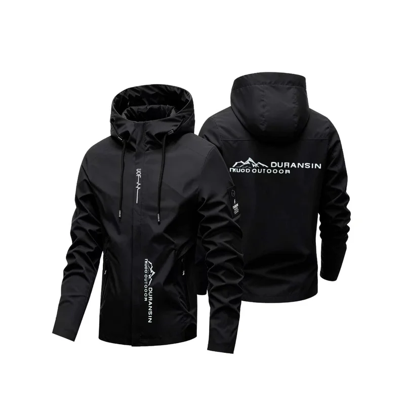 Men Mountain Print Hooded Outdoor Jacket  Windproof Waterproof Windbreaker Hiking Camping Casual Coat with Zipper Pockets