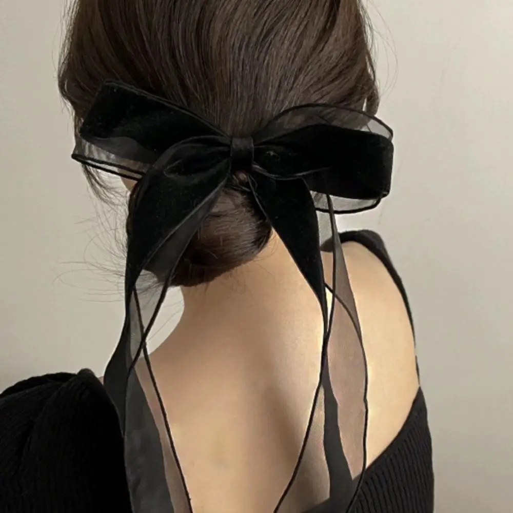 Schwarze Haarschleifen, Haarspange, französisches Band, lange Tüll-Haarnadel, Hepburn-Stil, Samt-Haarspange für Damen und Mädchen