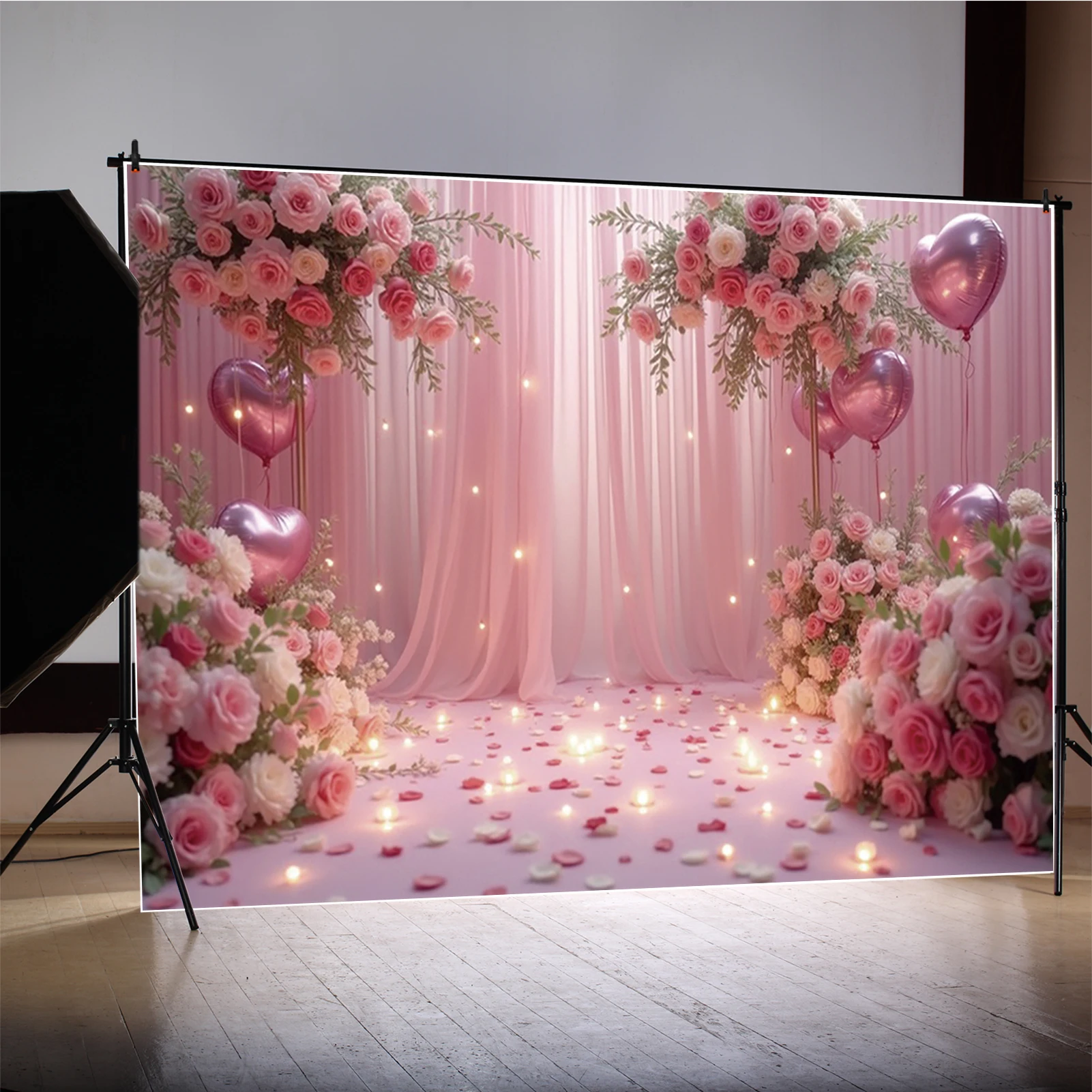 MOON.QG Decoración del Día de San Valentín 14 de febrero Amantes Fondo Fotografía Cortina rosa Corazón Pareja Retrato Decoración de fiesta