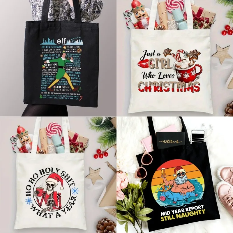 Bolso de mano de lona de Navidad, bolso de lona con patrón navideño, bonito muñeco de nieve, bolso de compras, bolso de hombro, bolso plegable, regalo de Festival
