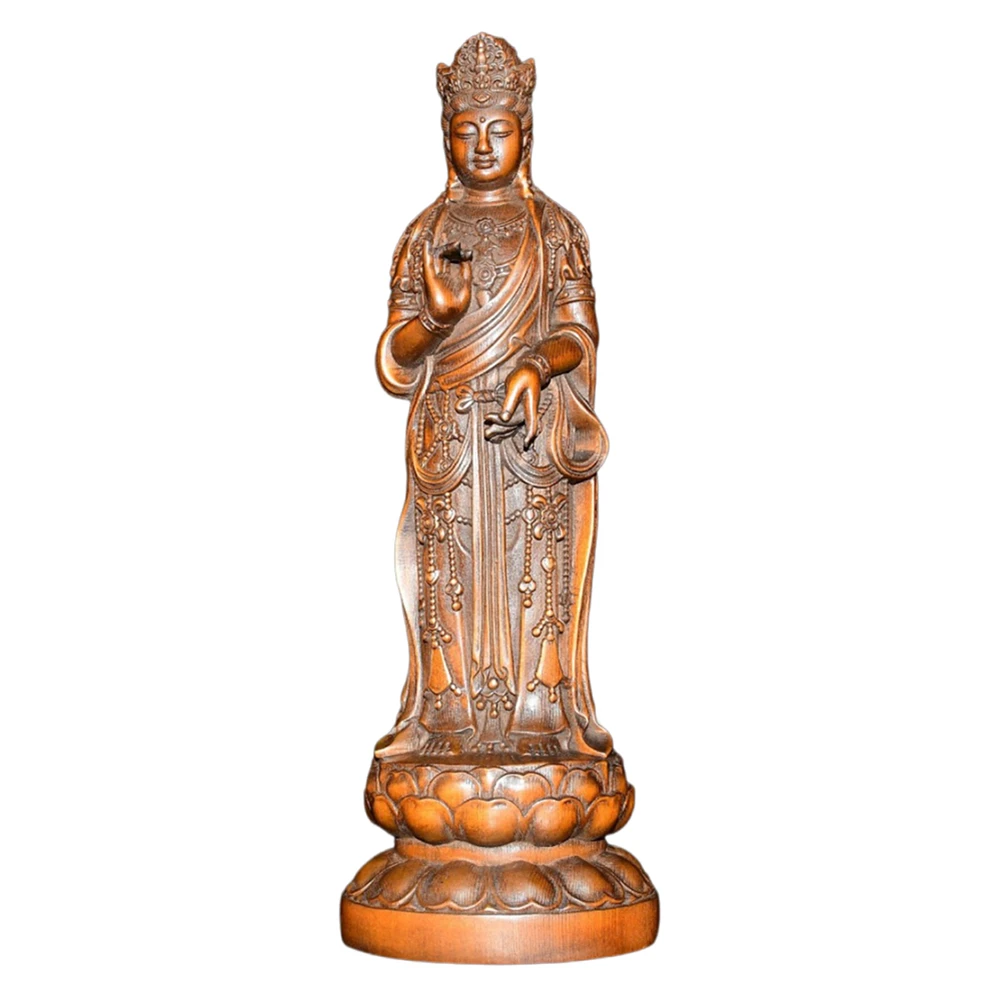 Sculpture sur bois traditionnelle œuvre Statue en bois sculpté chinois Kwan Yin Figurine debout Feng Shui Compassion bénédiction sérénité