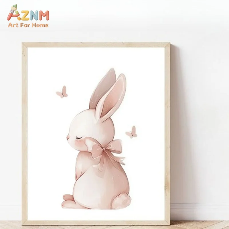 AZNM Soft Pink Watercolor Bunny Canvas Wall Art Cute Bow Rabbit Butterfly Floral Print Neutral Warm Tone Boho Baby Girls Nursery