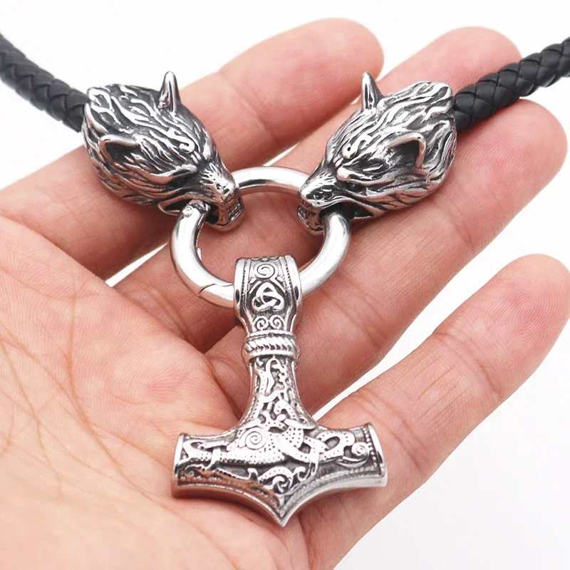 Vintage Antique Silver Black Thor\'s Hammer Viking Wolf Head Necklace Vegvisir Anchor Pendant Male Jewelry