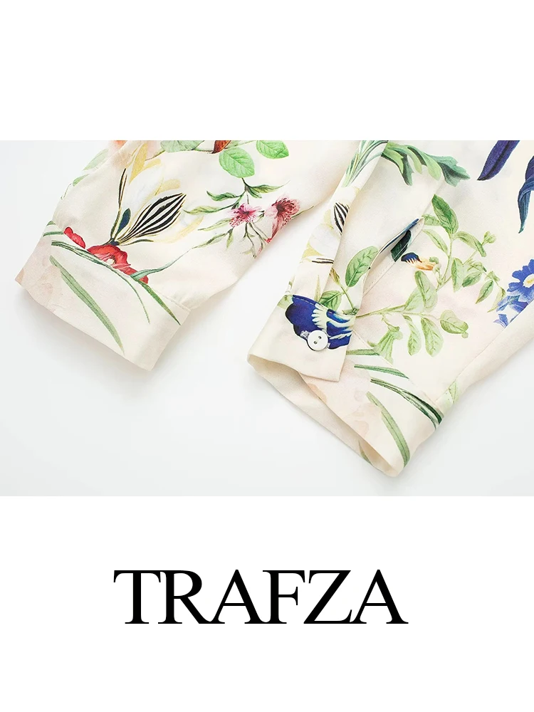 TRAFZA 2024 Women’s Fashion Flower Printed Satin Shirt Female Slim Single Breasted Turn Down Collar Casual Blouses Collar Shirts