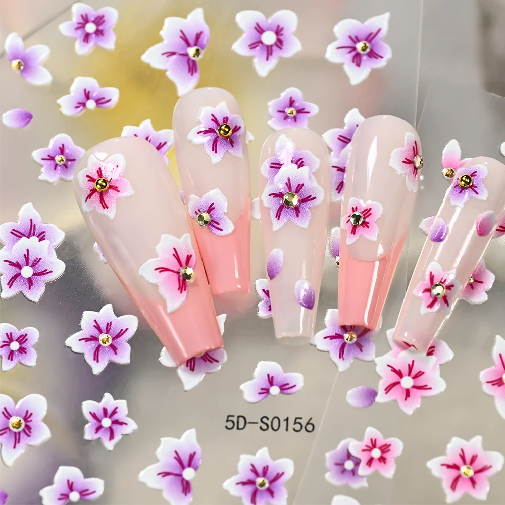 

5D-наклейки для ногтей с фиолетово-розовыми цветами сакуры, градиентные, с цветочным узором, весенние, самоклеящиеся, для маникюра