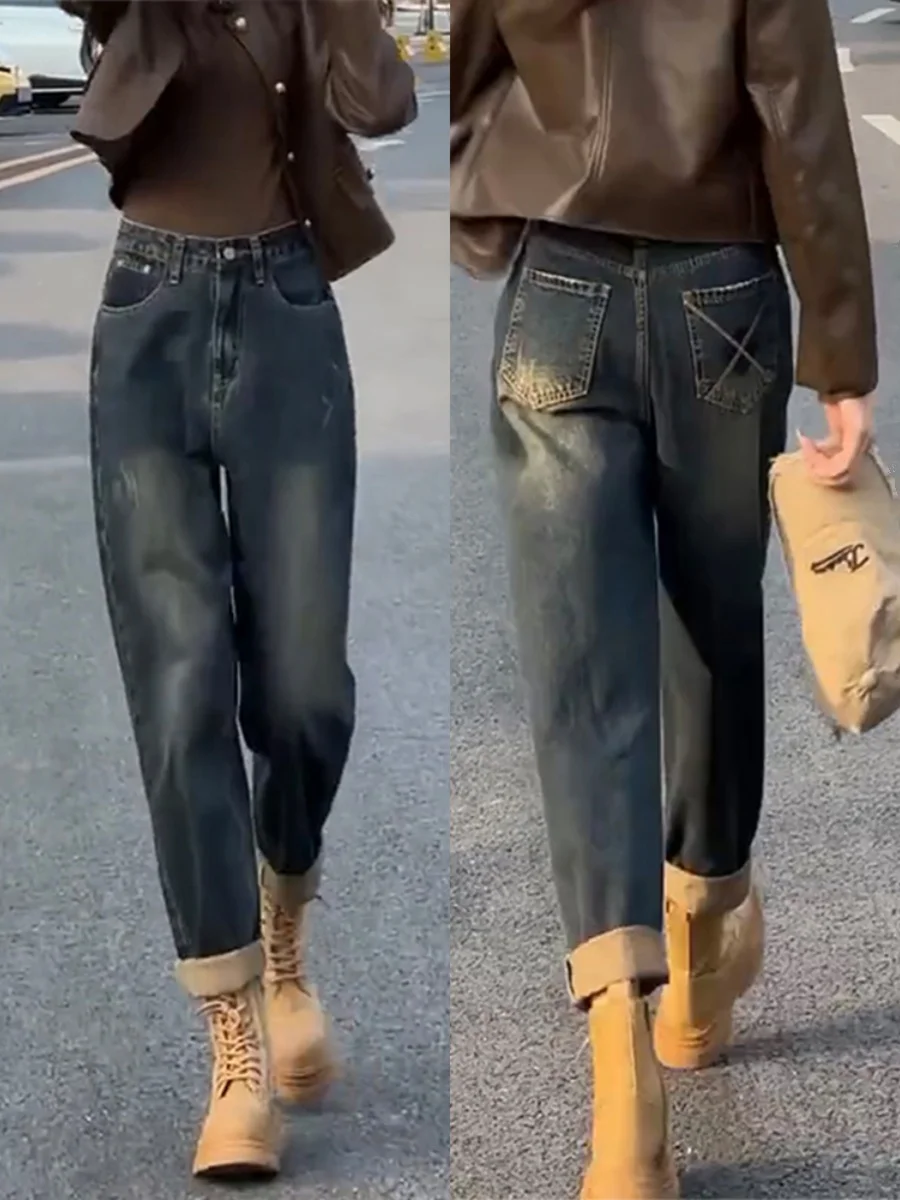 

Эластичные джинсовые джинсы с высокой талией, женские осенне-зимние новые брюки для папы с грушей, большие размеры, длинные джинсы для похудения, глубокий цвет