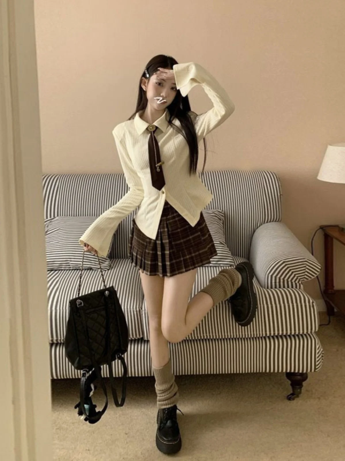 

College Style Sweet And Spicy Girl Long Sleeve Shirt And Plaid Skirt Set Women's Fashion Spring 2025 Two-Piece Ensemble