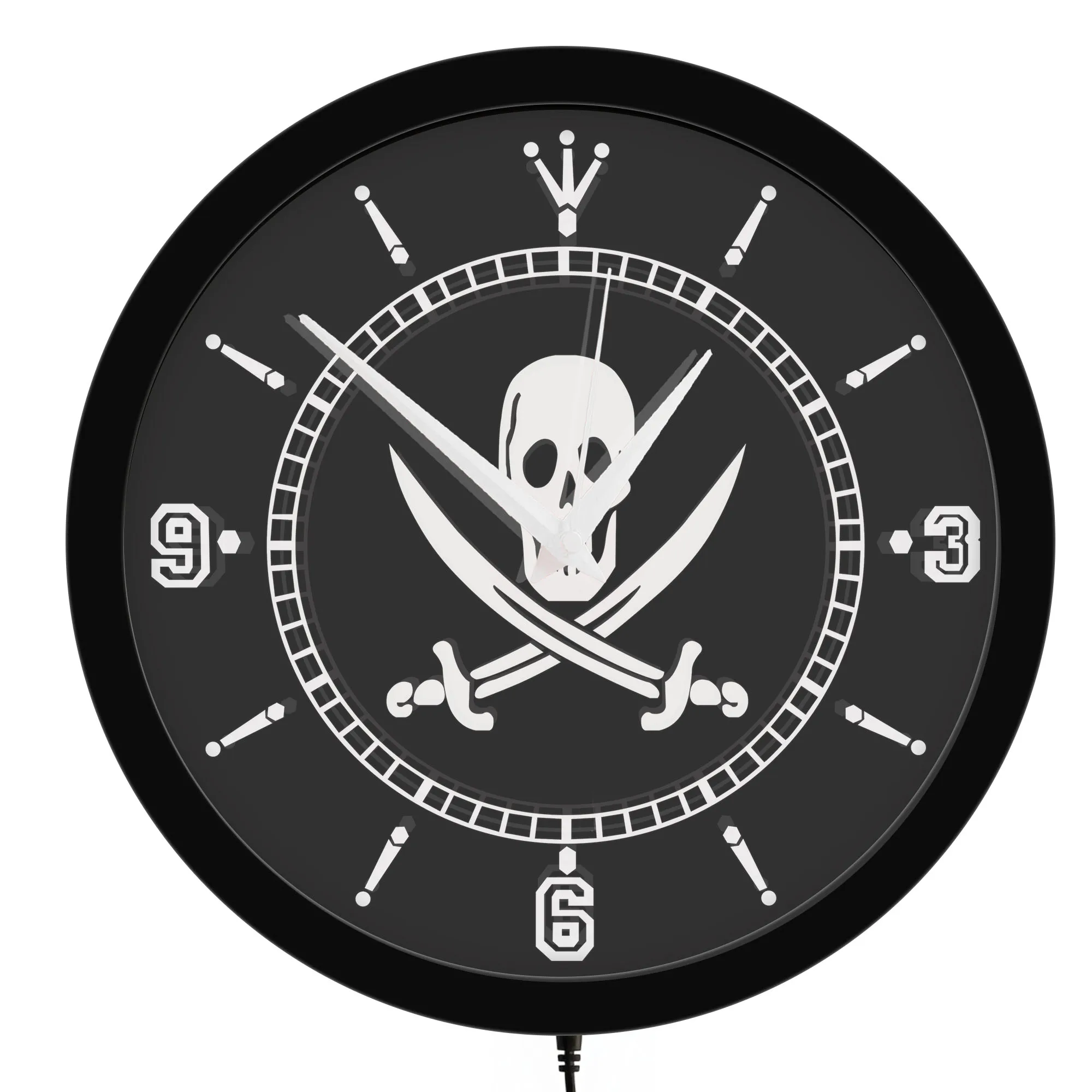 Pirate Skull Neon Sign LED Light Metal Frame Wall Clock For Man Cave Game Room Jolly Roger Crossed Swords Illuminated Wall Clock