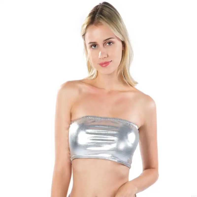 E56A Womens Glitter Metallic Strapless Bodycon Tube Crop Top Festival Party Sparkly Sexy Backless Sleeveless Bandeau Vest Bra